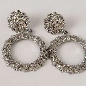 Large Brutalist Style Earrings Silver Tone Disc Drop Circle 2" Unsigned